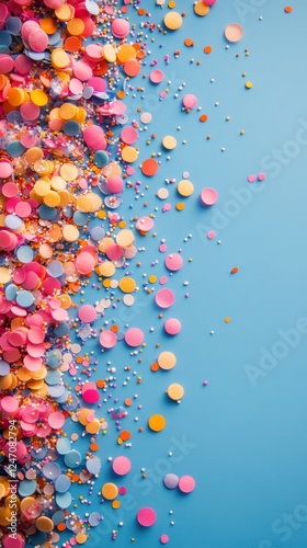 Colorful confetti scattered on a light blue background for festive celebratio...