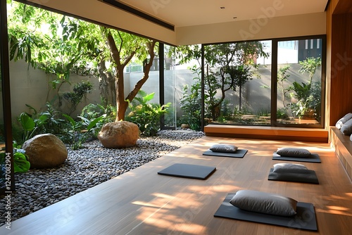 A deserted yoga studio highlights a spacious layout, filled with mats, pillows, and accessories. It includes a parquet floor and an inner garden patio, complete with a tree and pebbles.