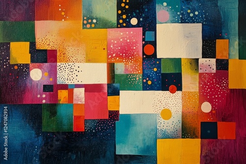 Abstract geometric art featuring vibrant colors and diverse shapes in a harmo...