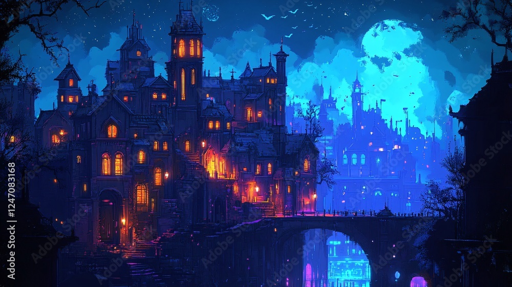 Obraz premium A hauntingly beautiful night scene featuring illuminated buildings, a bridge, and a mysterious blue moon casting an ethereal glow.