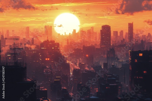 Sunset over a city skyline with smoke and dramatic colors filling the horizon