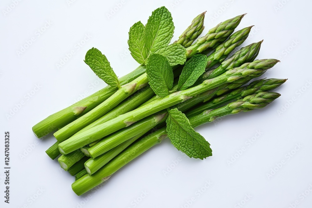 Green asparagus spears garnished with mint leaves. Green asparagus spears garnished with mint leaves.