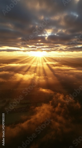 Breathtaking sunrise illuminates clouds from above during early morning fligh...