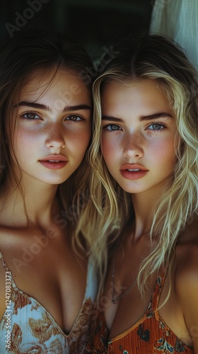 Two young women with long hair pose closely together, showcasing natural beau...