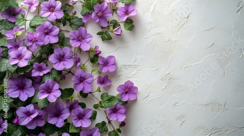 Vibrant purple flowers and greenery create a beautiful decorative frame on a ...