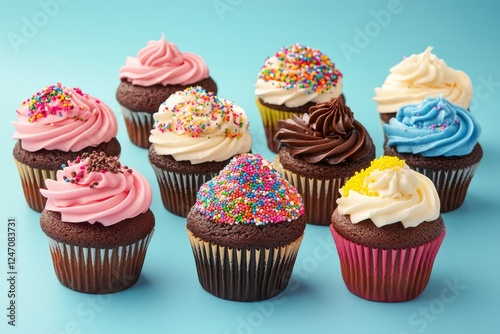 Delicious assortment of colorful cupcakes displayed on a blue background
