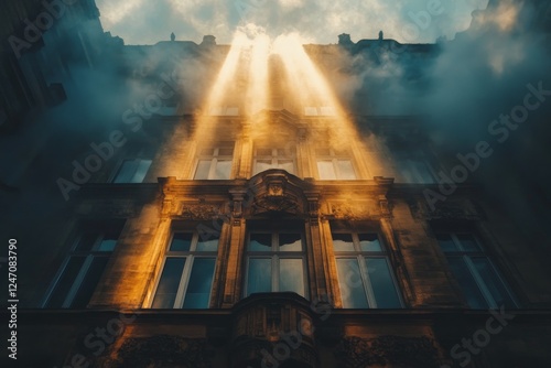 Bright sunlight shining on a historic building with a clear blue sky in an ur...