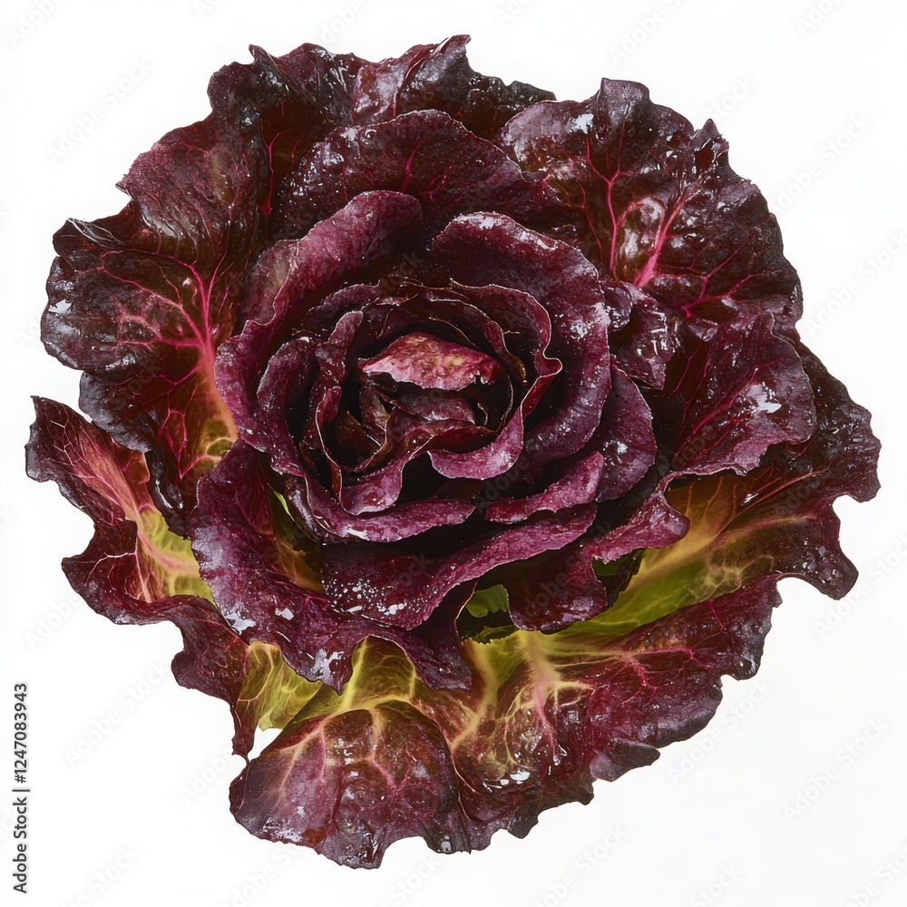 Obraz premium Red Butterhead Lettuce: A close-up shot showcasing the intricate details of a vibrant red butterhead lettuce, with its ruffled leaves and deep crimson hues.