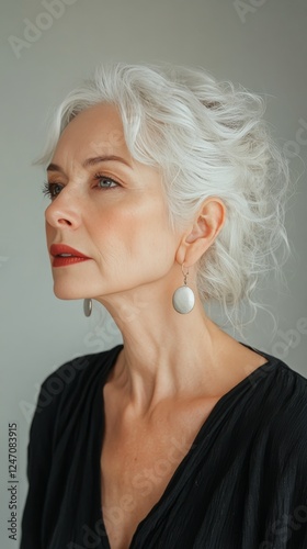 Mature woman with elegant hairstyle and earrings poses against neutral backgr...