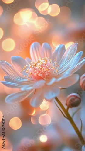 Pink flower with blurred orange lights creating a magical atmosphere at twilight