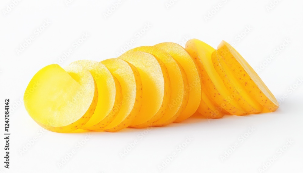 Golden Potato Slices: Thinly sliced, vibrant golden potatoes arranged in a visually appealing cascade.  Perfect for culinary or food-related projects. 