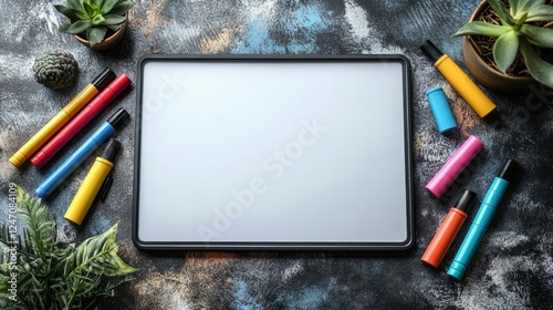 Colorful markers surround a blank picture frame on a vibrant blue surface