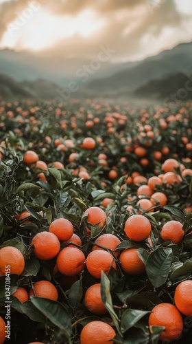 Fresh oranges hanging from branches in a vibrant grove during daylight hours