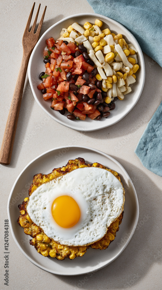 Corn fritter with sunny side egg and vegetable medley in white bowls Corn fritter with sunny side egg and vegetable medley in white bowls