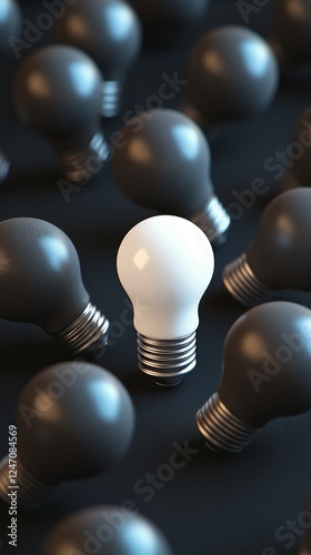 Unique white light bulb stands out among black bulbs on a dark surface