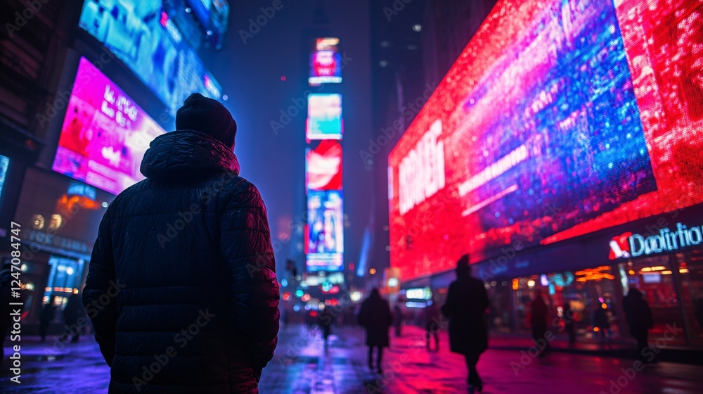 A person stands in Times Square, illuminated by vibrant digital billboards, capturing the lively essence of the iconic New York City nightlife. A person stands in Times Square, illuminated by vibrant digital billboards, capturing the lively essence of the iconic New York City nightlife.