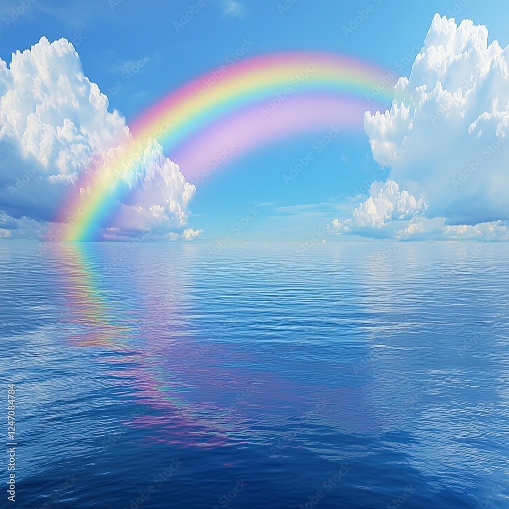 Blue sky with white clouds, a rainbow arching on the horizon, reflected in the surface of a clear lake within Blue sky with white clouds, a rainbow arching on the horizon, reflected in the surface of a clear lake within