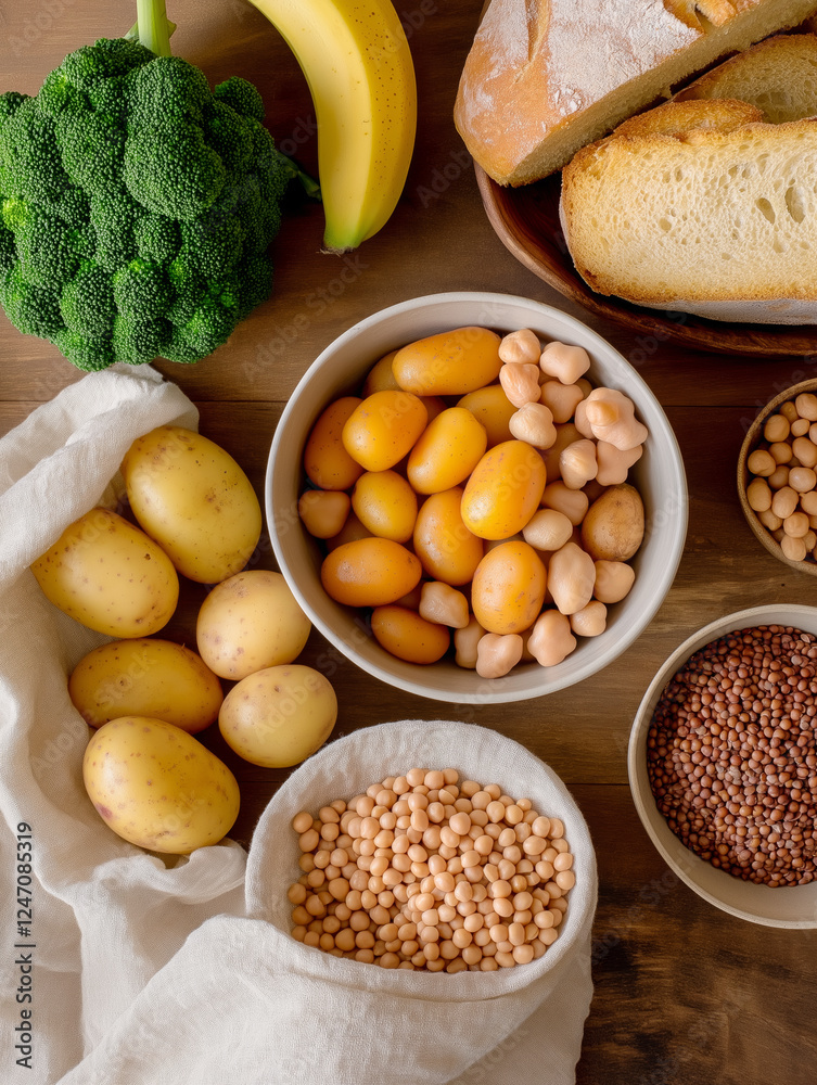 Assorted healthy foods: potatoes, chickpeas, bread, broccoli, and banana on wooden table