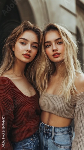 Two young women with long hair pose closely together, showcasing natural beau...
