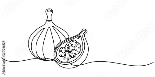 Single one line drawing whole healthy organic figs for orchard logo identity. Fresh exotic summer fruitage concept on white background. Modern continuous line draw design graphic vector illustration.