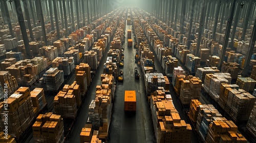 Vast warehouse filled with an overwhelming number of stacked packages and boxes representing the accumulation of unsold goods due to sudden trade restrictions and economic challenges photo