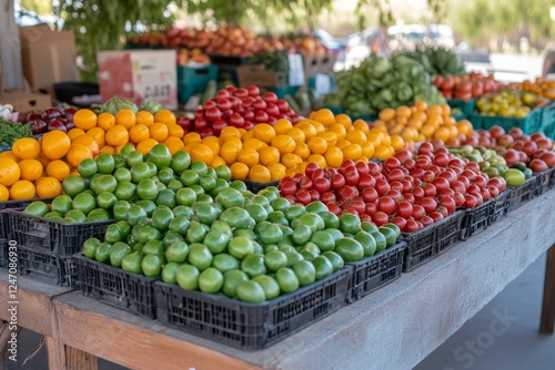Colorful display of fresh fruits at a local market in the afternoon sun in a ...
