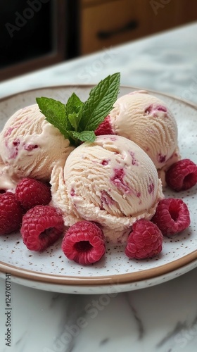 Creamy raspberry ice cream served with fresh raspberries and mint on a marble...