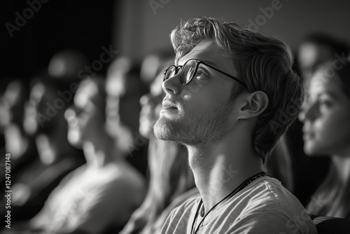 Audience members engaged in a presentation at a conference in a modern audito...