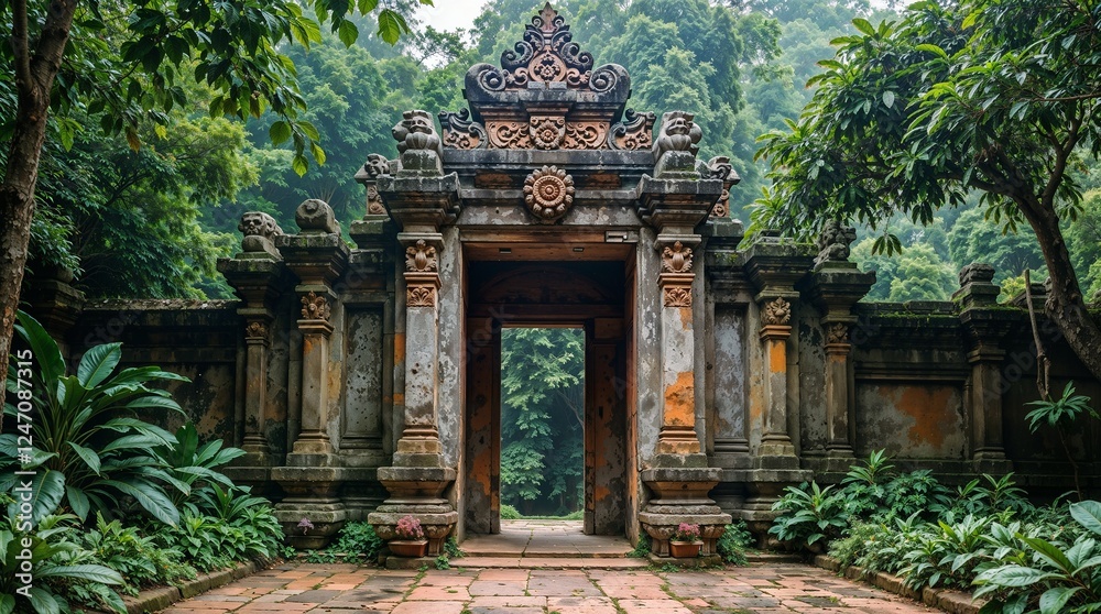Intricately Carved Ancient Southeast Asian Temple Gate Enclosed by Lush Jungle Intricately Carved Ancient Southeast Asian Temple Gate Enclosed by Lush Jungle