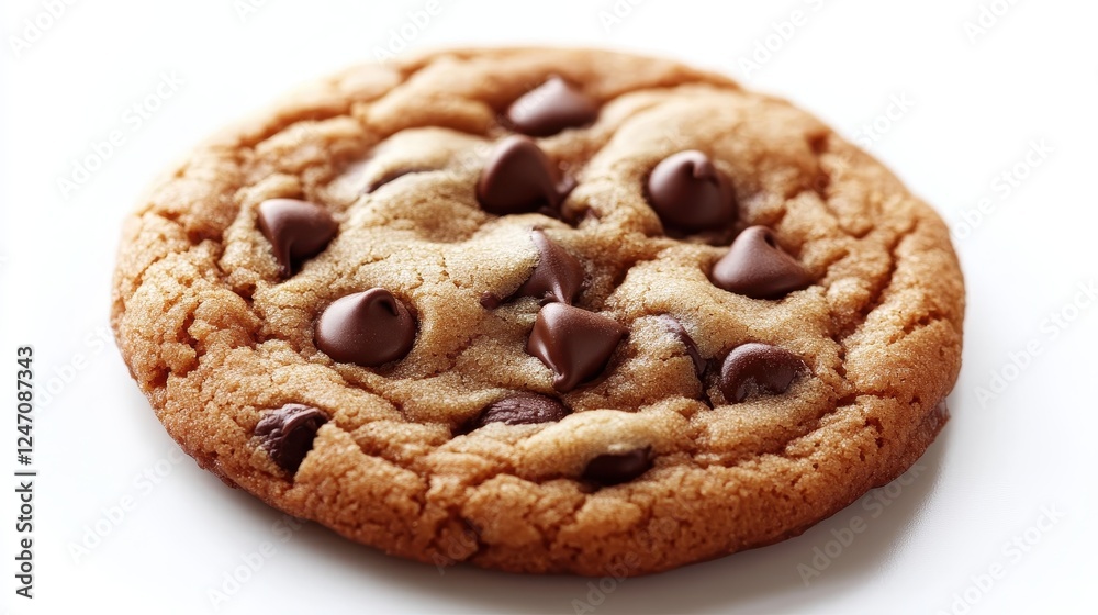 Close-up of a single chocolate chip cookie on a white background. Great for bakery or dessert advertising. Close-up of a single chocolate chip cookie on a white background. Great for bakery or dessert advertising.