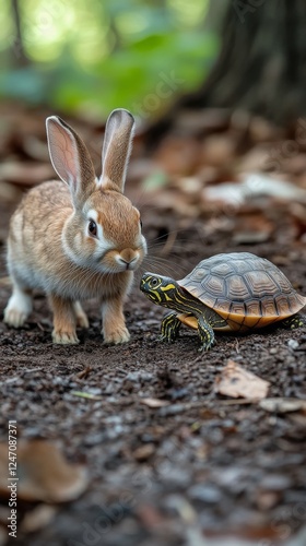 Rabbits racing alongside a turtle in a dusty outdoor environment during dayli...