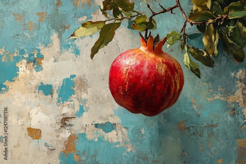Vibrant pomegranate hanging from a branch against a textured blue wall