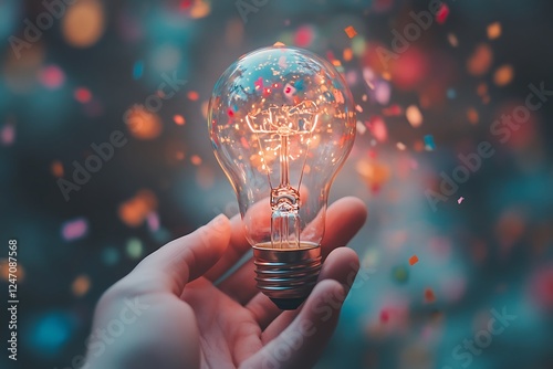 Hand Holding Illuminated Light Bulb with Confetti Background