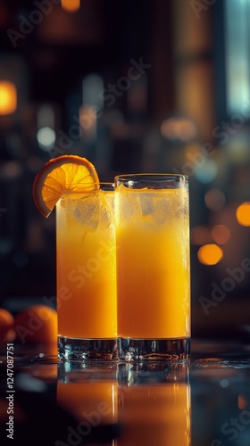 Refreshing orange iced teas served in two glasses with ice and citrus slices ...