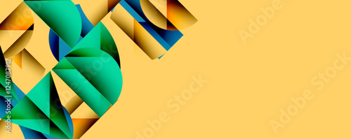 Abstract geometric background with layered gradient shapes forming dynamic patterns. Overlapping semi circles and triangles create depth and contrast