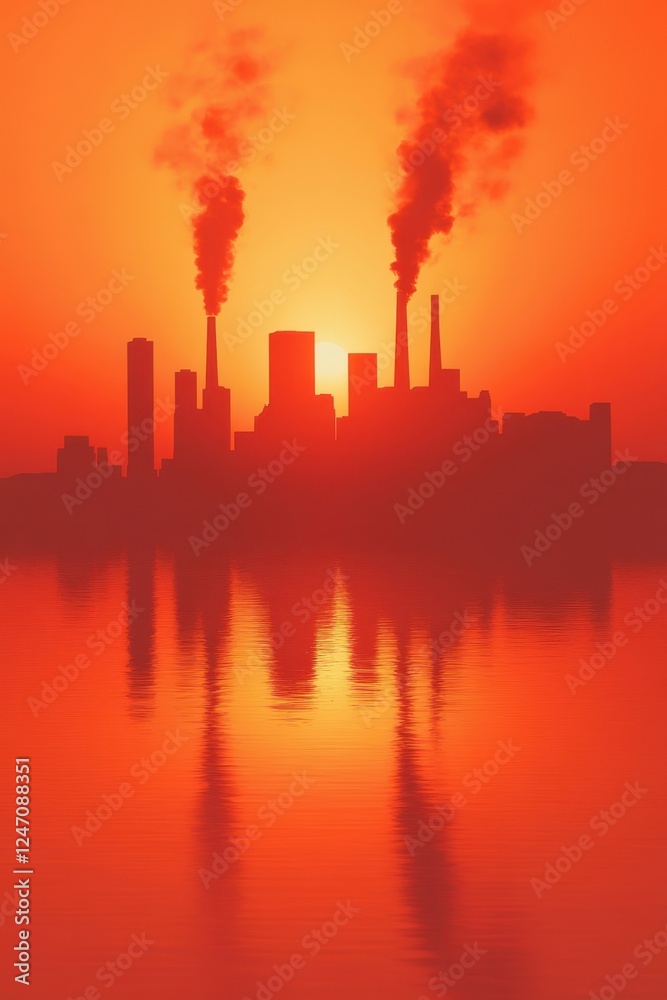 Industrial sunset with factory silhouette reflection Industrial sunset with factory silhouette reflection