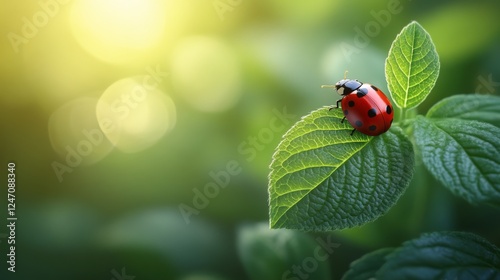 Ladybug resting on green leaf under warm sunlight in a serene garden setting