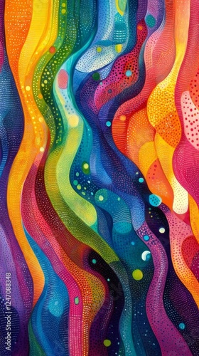 Bold abstract artwork featuring vibrant colors and flowing patterns in a whim...