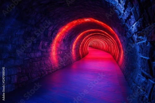 Vibrant tunnel illuminated with red and blue lights creates a mesmerizing atm...