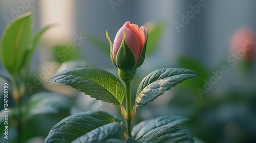 Delicate pink rosebud surrounded by vibrant green leaves in a serene garden s...