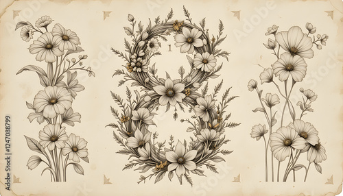 Wallpaper Mural Vintage-style illustration of number eight surrounded by delicate flowers and foliage on aged paper background Torontodigital.ca