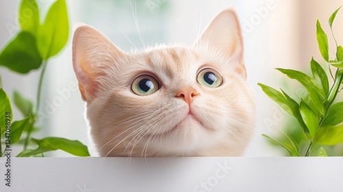 Adorable Cat with Green Eyes and Plants. Generative AI photo