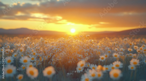 Vibrant yellow flower blooming amidst green leaves at sunset in a tranquil ou...