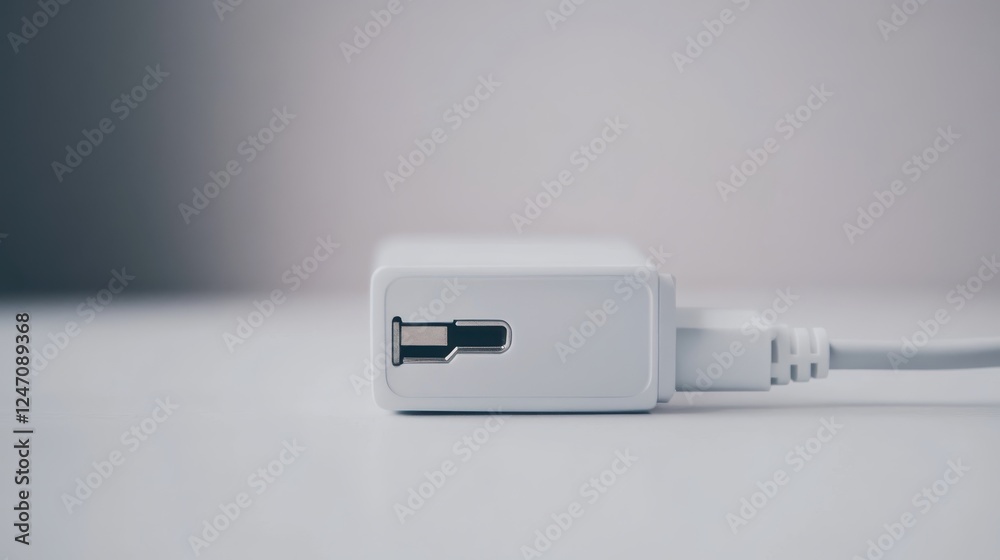 Fototapeta premium shot of a sleek laptop charger on a clean white surface. Great for tech product accessories marketing.