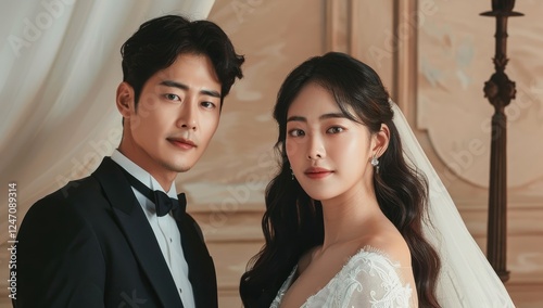 Korean couple like in a Korean drama with a modern man and woman with long beautiful hair