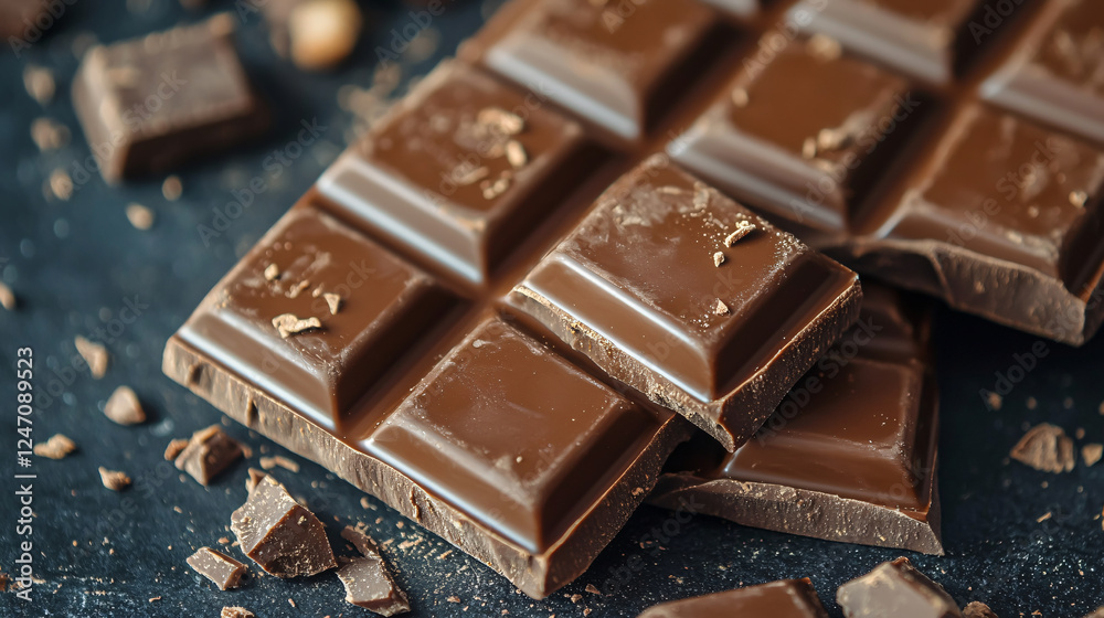 A close-up view of milk chocolate bars isolated against a background, highlighting this popular dessert and sweet treat known for its high calorie content. A close-up view of milk chocolate bars isolated against a background, highlighting this popular dessert and sweet treat known for its high calorie content.