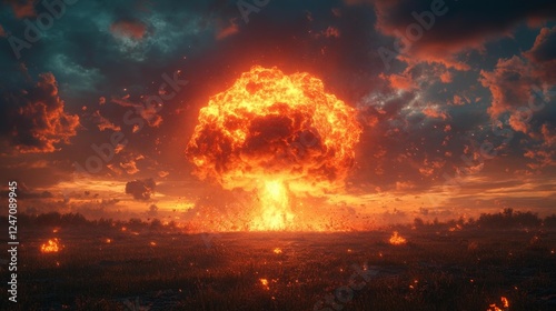 Dramatic Nuclear Explosion with Fiery Mushroom Cloud. Generative AI