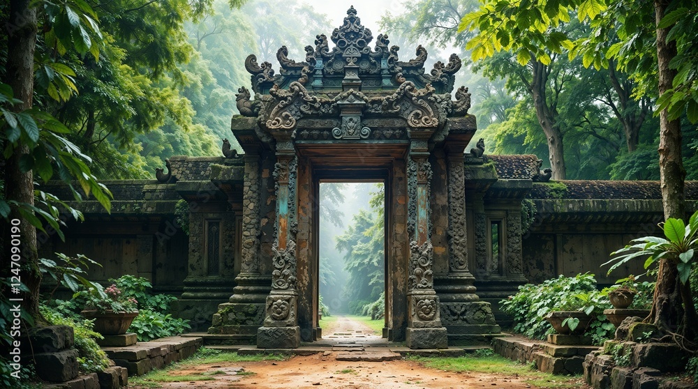 Intricately Carved Ancient Southeast Asian Temple Gate Enclosed by Lush Jungle Intricately Carved Ancient Southeast Asian Temple Gate Enclosed by Lush Jungle