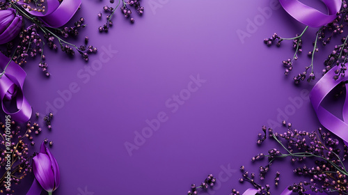 Celebrating International Women's Day - Lilac Ribbon, Purple Tulips, and Mimosa Branches with Festive Confetti on Purple Background, Top View