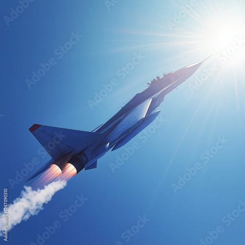 A sleek fighter jet soaring through a clear blue sky with afterburners blazing, captured in mid-flight with the sun radiating bright light, symbolizing speed, power, and advanced aviation technology.